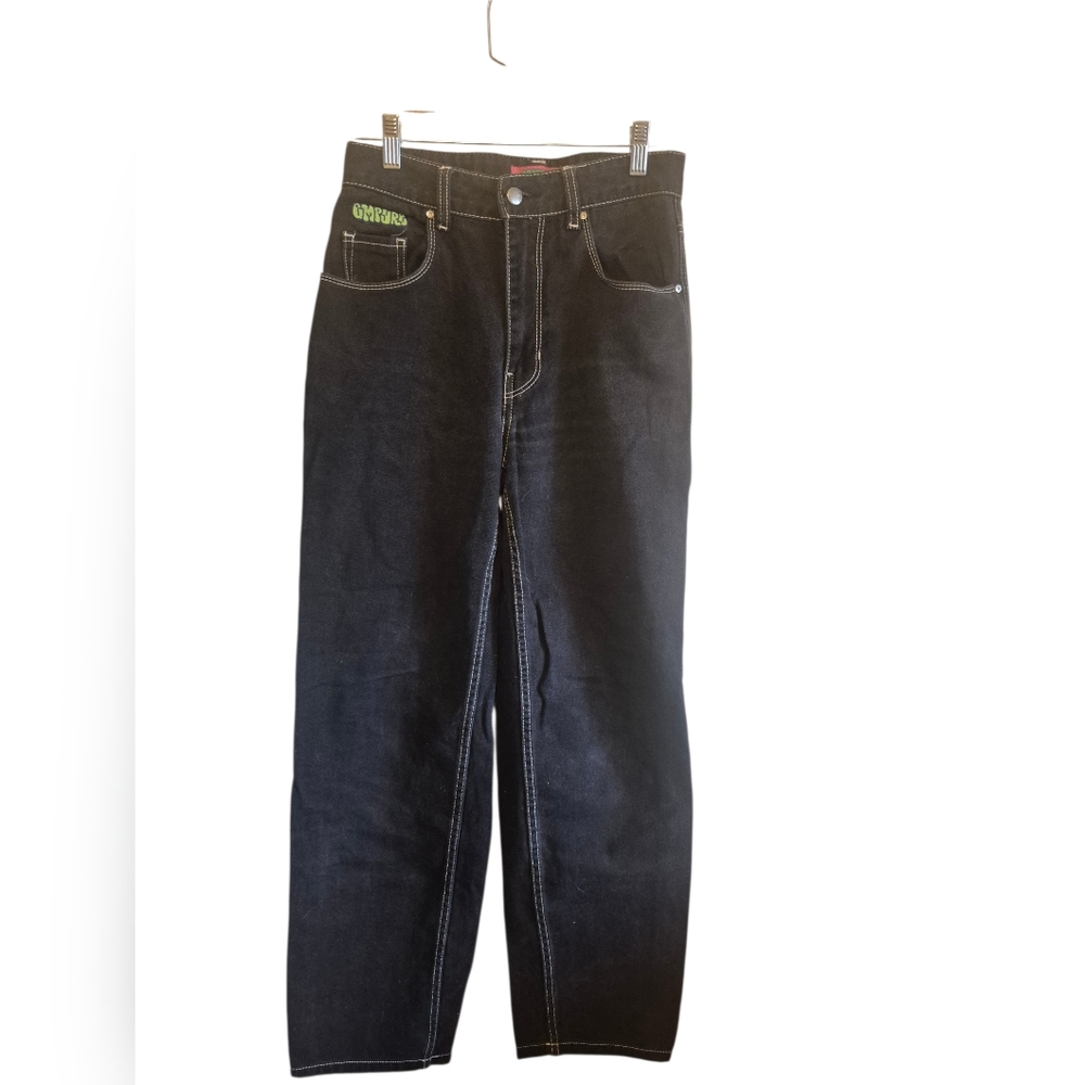 Empyre Skate Black Denim Jeans Green Embroidery Size 2 Skater